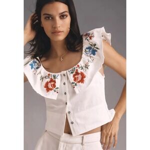 Anthropologie Pilcro Embellished Ruffle Collar Top Medium Excellent Condition